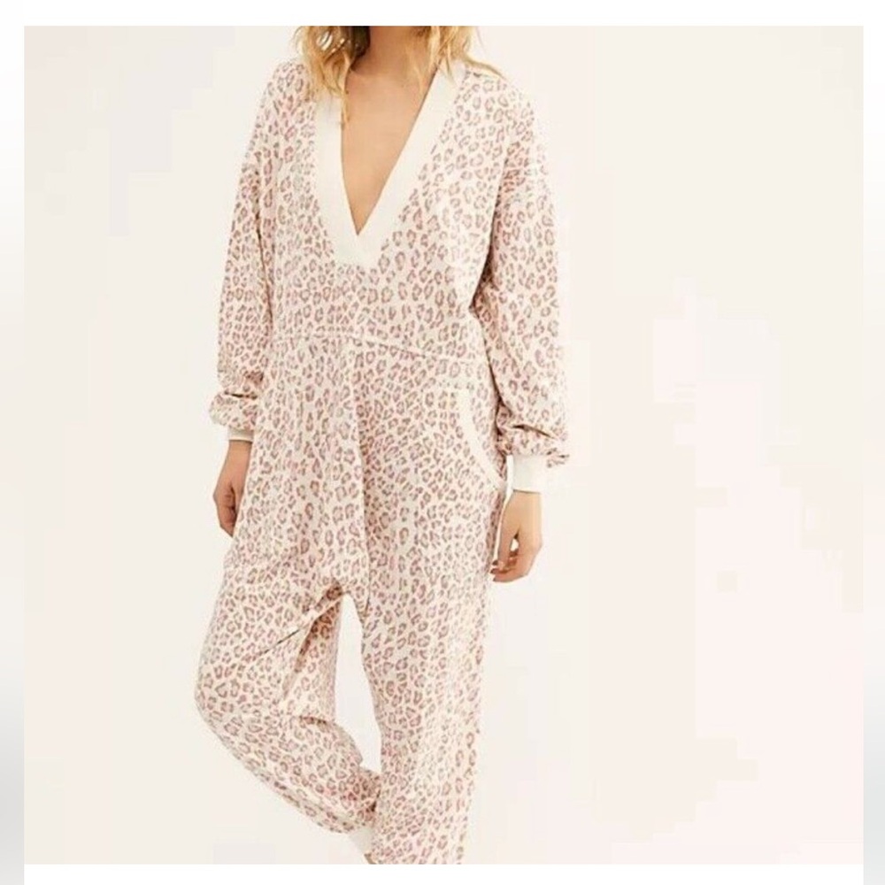 Free People Pink Leopard-Print V-Neck Pajama Jumpsuit